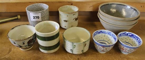 Three St Ives pottery glazed bowls, 5 Japanese studio pottery cups and 2 rice grain bowls